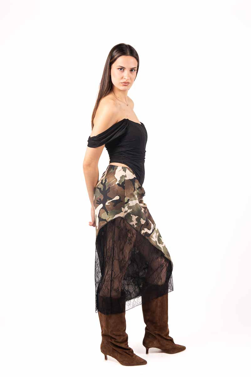 Gonna Midi Camouflage con Pizzo Accoppiato