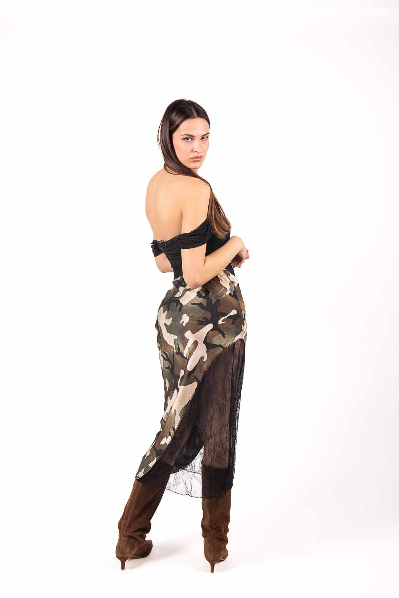 Gonna Midi Camouflage con Pizzo Accoppiato